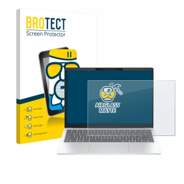 Vorderseite einer Produktverpackung mit dem Markenlogo BROTECT. Daneben ist das Gerät HP OmniBook 7 Aero 13 mit dem zugehörige