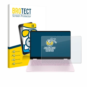 Vorderseite einer Produktverpackung mit dem Markenlogo BROTECT. Daneben ist das Gerät HP OmniBook 5 Flip 14 14-fp0153ng mit de