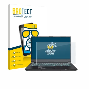 Vorderseite einer Produktverpackung mit dem Markenlogo BROTECT. Daneben ist das Gerät Gigabyte G5 2024 mit dem zugehörigen Dis