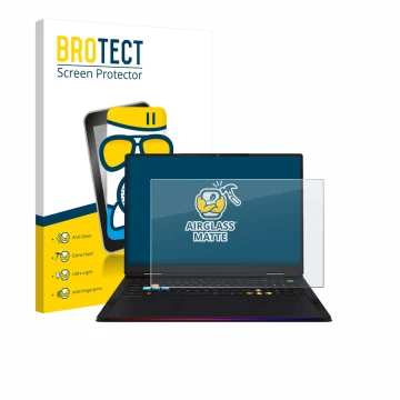 Vorderseite einer Produktverpackung mit dem Markenlogo BROTECT. Daneben ist das Gerät MSI Raider A18 HX mit dem zugehörigen Di