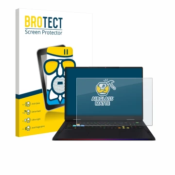 Vorderseite einer Produktverpackung mit dem Markenlogo BROTECT. Daneben ist das Gerät MSI Raider 18 HX AI 2025 mit dem zugehör