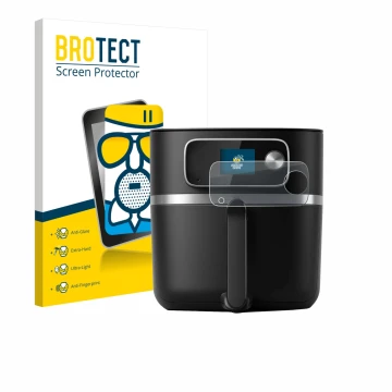 Vorderseite einer Produktverpackung mit dem Markenlogo BROTECT. Daneben ist das Gerät Philips Airfryer HD9880/90 mit dem zugeh