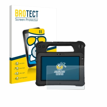 Vorderseite einer Produktverpackung mit dem Markenlogo BROTECT. Daneben ist das Gerät Zebra XPad L10ax mit dem zugehörigen Dis