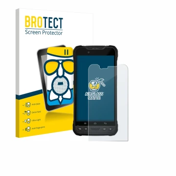 Vorderseite einer Produktverpackung mit dem Markenlogo BROTECT. Daneben ist das Gerät Zebra Xplore M60 mit dem zugehörigen Dis