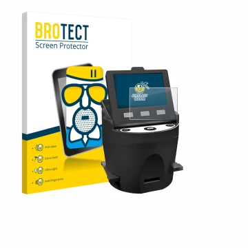 Vorderseite einer Produktverpackung mit dem Markenlogo BROTECT. Daneben ist das Gerät Kodak SCANZA mit dem zugehörigen Display