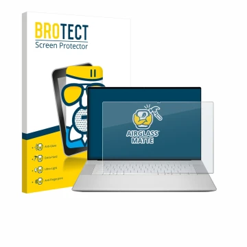 Vorderseite einer Produktverpackung mit dem Markenlogo BROTECT. Daneben ist das Gerät Dell 16 Premium Laptop mit dem zugehörig