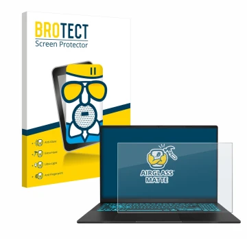 Vorderseite einer Produktverpackung mit dem Markenlogo BROTECT. Daneben ist das Gerät ASUS V16 V3607 mit dem zugehörigen Displ