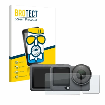 Vorderseite einer Produktverpackung mit dem Markenlogo BROTECT. Daneben ist das Gerät DJI Osmo Action 6 mit dem zugehörigen Di