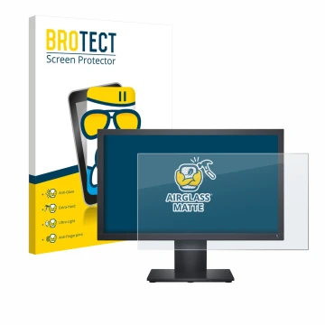 Vorderseite einer Produktverpackung mit dem Markenlogo BROTECT. Daneben ist das Gerät Dell E1920H mit dem zugehörigen Displays