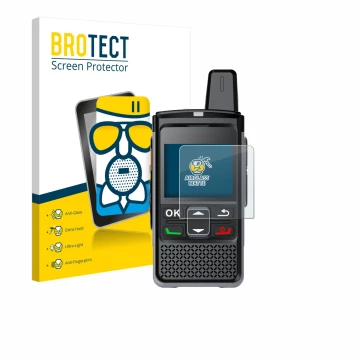 Vorderseite einer Produktverpackung mit dem Markenlogo BROTECT. Daneben ist das Gerät Hytera PNC360S mit dem zugehörigen Displ