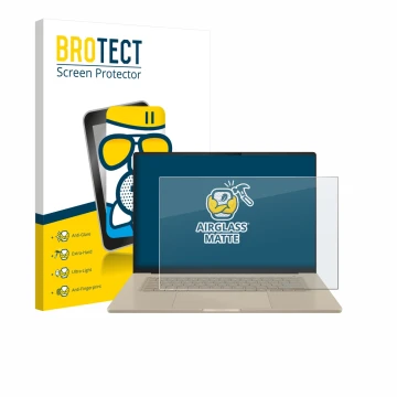 Vorderseite einer Produktverpackung mit dem Markenlogo BROTECT. Daneben ist das Gerät ASUS ZenBook A16 UX3607 mit dem zugehöri