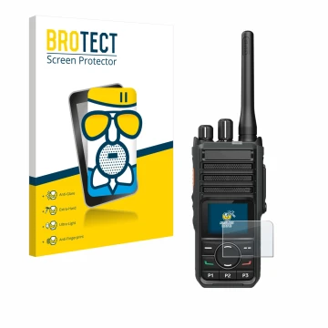 Vorderseite einer Produktverpackung mit dem Markenlogo BROTECT. Daneben ist das Gerät Hytera HP565 mit dem zugehörigen Display