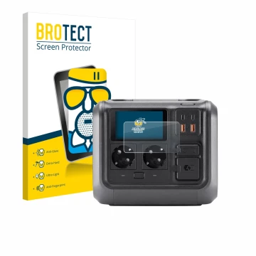 Vorderseite einer Produktverpackung mit dem Markenlogo BROTECT. Daneben ist das Gerät DJI Power 500 mit dem zugehörigen Displa