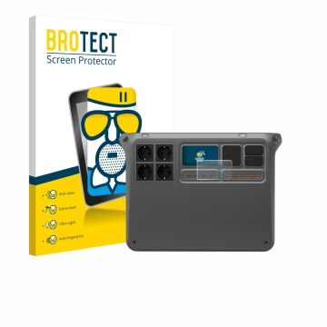 Vorderseite einer Produktverpackung mit dem Markenlogo BROTECT. Daneben ist das Gerät DJI Power 2000 mit dem zugehörigen Displ