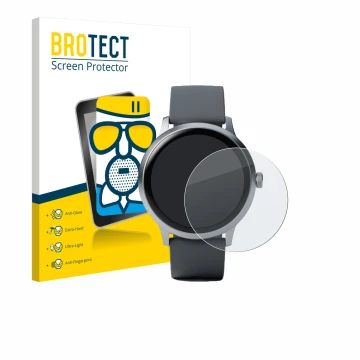 Vorderseite einer Produktverpackung mit dem Markenlogo BROTECT. Daneben ist das Gerät Pebble Round 2 mit dem zugehörigen Displ