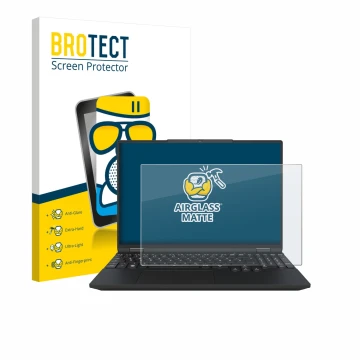 Vorderseite einer Produktverpackung mit dem Markenlogo BROTECT. Daneben ist das Gerät Tuxedo InfinityBook Max 15 Gen 10 mit de