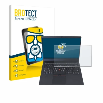 Vorderseite einer Produktverpackung mit dem Markenlogo BROTECT. Daneben ist das Gerät Lenovo ThinkPad E14 Gen 1 mit dem zugehö