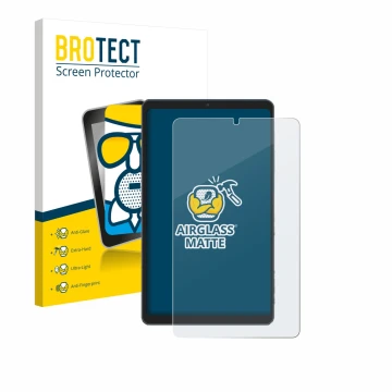 Vorderseite einer Produktverpackung mit dem Markenlogo BROTECT. Daneben ist das Gerät Chuwi AuPad Mini mit dem zugehörigen Dis