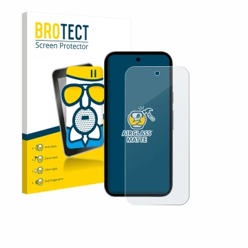 Vorderseite einer Produktverpackung mit dem Markenlogo BROTECT. Daneben ist das Gerät Google Pixel 10a mit dem zugehörigen Dis