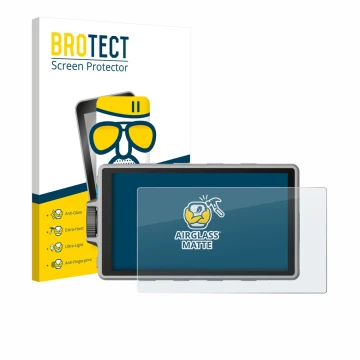 Vorderseite einer Produktverpackung mit dem Markenlogo BROTECT. Daneben ist das Gerät DJI Ronin 4D mit dem zugehörigen Display