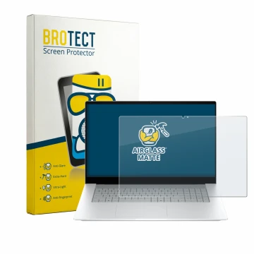 Vorderseite einer Produktverpackung mit dem Markenlogo BROTECT. Daneben ist das Gerät HP OmniBook X 17-de0776ngx mit dem zugeh