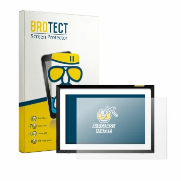 Vorderseite einer Produktverpackung mit dem Markenlogo BROTECT. Daneben ist das Gerät Nixplay Klassischer 10.1