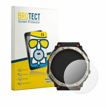 Vorderseite einer Produktverpackung mit dem Markenlogo BROTECT. Daneben ist das Gerät Huami Amazfit T-Rex Dual Solar mit dem z