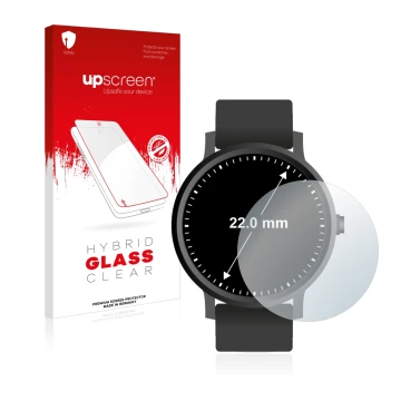 Vorderseite einer Produktverpackung mit dem Markenlogo upscreen. Daneben ist das Gerät Armbanduhren (Kreisrund, ø: 22 mm) mit 