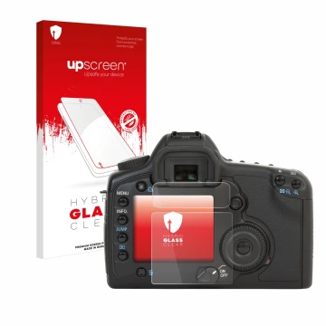 Vorderseite einer Produktverpackung mit dem Markenlogo upscreen. Daneben ist das Gerät Canon EOS 5D mit dem zugehörigen Displa