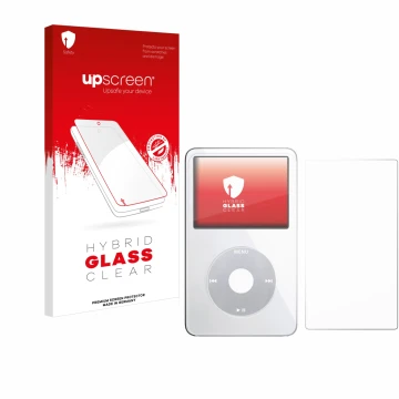 Vorderseite einer Produktverpackung mit dem Markenlogo upscreen. Daneben ist das Gerät Apple iPod Classic Video (Display+Rücks