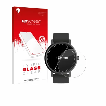 Vorderseite einer Produktverpackung mit dem Markenlogo upscreen. Daneben ist das Gerät Armbanduhren (Kreisrund, ø: 19 mm) mit 