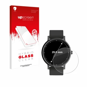 Vorderseite einer Produktverpackung mit dem Markenlogo upscreen. Daneben ist das Gerät Armbanduhren (Kreisrund, ø: 29 mm) mit 