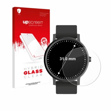 Vorderseite einer Produktverpackung mit dem Markenlogo upscreen. Daneben ist das Gerät Armbanduhren (Kreisrund, ø: 31 mm) mit 