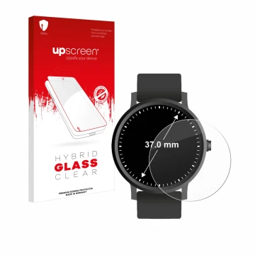 Vorderseite einer Produktverpackung mit dem Markenlogo upscreen. Daneben ist das Gerät Armbanduhren (Kreisrund, ø: 37 mm) mit 