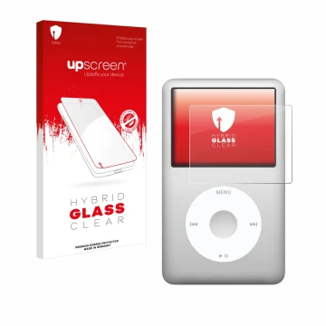 Vorderseite einer Produktverpackung mit dem Markenlogo upscreen. Daneben ist das Gerät Apple iPod classic 160 GB (7. Gen.) mit