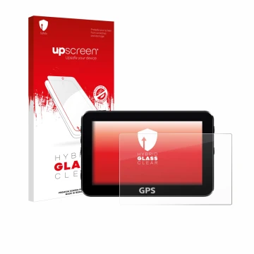 Vorderseite einer Produktverpackung mit dem Markenlogo upscreen. Daneben ist das Gerät mit dem zugehörigen Displayschutz abgeb