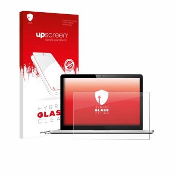 Vorderseite einer Produktverpackung mit dem Markenlogo upscreen. Daneben ist das Gerät mit dem zugehörigen Displayschutz abgeb