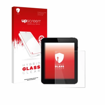 Vorderseite einer Produktverpackung mit dem Markenlogo upscreen. Daneben ist das Gerät mit dem zugehörigen Displayschutz abgeb