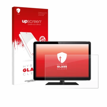 Vorderseite einer Produktverpackung mit dem Markenlogo upscreen. Daneben ist das Gerät mit dem zugehörigen Displayschutz abgeb