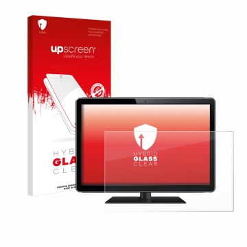 Vorderseite einer Produktverpackung mit dem Markenlogo upscreen. Daneben ist das Gerät mit dem zugehörigen Displayschutz abgeb