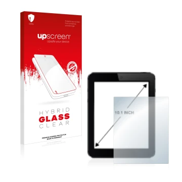 Vorderseite einer Produktverpackung mit dem Markenlogo upscreen. Daneben ist das Gerät mit dem zugehörigen Displayschutz abgeb