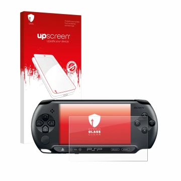 Vorderseite einer Produktverpackung mit dem Markenlogo upscreen. Daneben ist das Gerät Sony PSP Street E1004 mit dem zugehörig