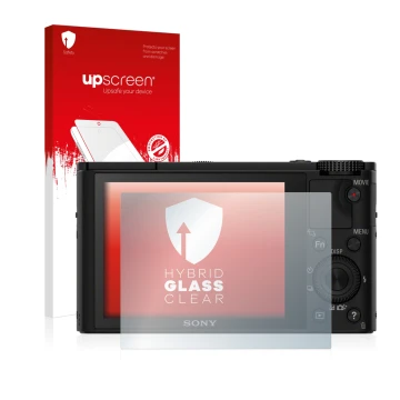 Vorderseite einer Produktverpackung mit dem Markenlogo upscreen. Daneben ist das Gerät Sony Cyber-Shot DSC-RX100 mit dem zugeh