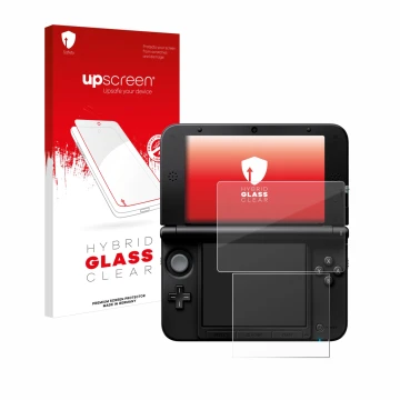 Vorderseite einer Produktverpackung mit dem Markenlogo upscreen. Daneben ist das Gerät Nintendo 3DS XL SPM7800 mit dem zugehör