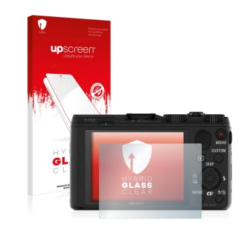 Vorderseite einer Produktverpackung mit dem Markenlogo upscreen. Daneben ist das Gerät Sony Cyber-Shot DSC-HX50V mit dem zugeh
