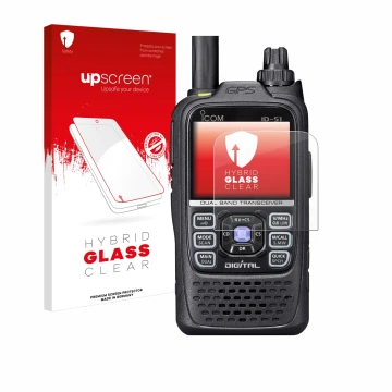 Vorderseite einer Produktverpackung mit dem Markenlogo upscreen. Daneben ist das Gerät Icom ID-51 mit dem zugehörigen Displays