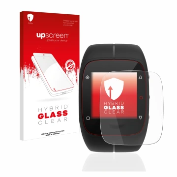 Vorderseite einer Produktverpackung mit dem Markenlogo upscreen. Daneben ist das Gerät Polar M400 mit dem zugehörigen Displays