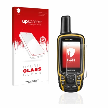 Vorderseite einer Produktverpackung mit dem Markenlogo upscreen. Daneben ist das Gerät Garmin GPSMAP 64 mit dem zugehörigen Di