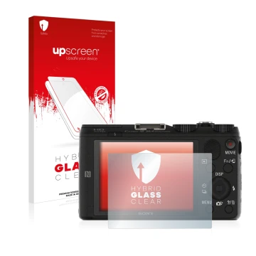 Vorderseite einer Produktverpackung mit dem Markenlogo upscreen. Daneben ist das Gerät Sony Cyber-Shot DSC-HX60V mit dem zugeh