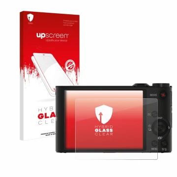 Vorderseite einer Produktverpackung mit dem Markenlogo upscreen. Daneben ist das Gerät Sony Cyber-Shot DSC-WX350 mit dem zugeh